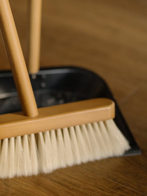Close-up of a dustpan with a wooden-handled brush resting inside, positioned on a wooden floor in a room with warm lighting. The brush has cream-colored bristles and is part of a domestic cleaning set